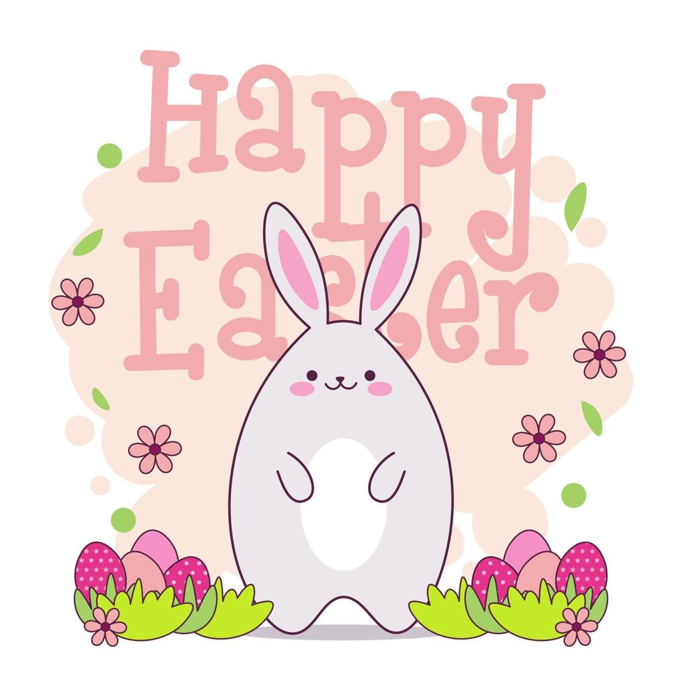 feliz pancarta de pascua con lindo conejo kawaii, huevos de pascua y flores. tarjeta de felicitación colorida con conejito de dibujos animados vector