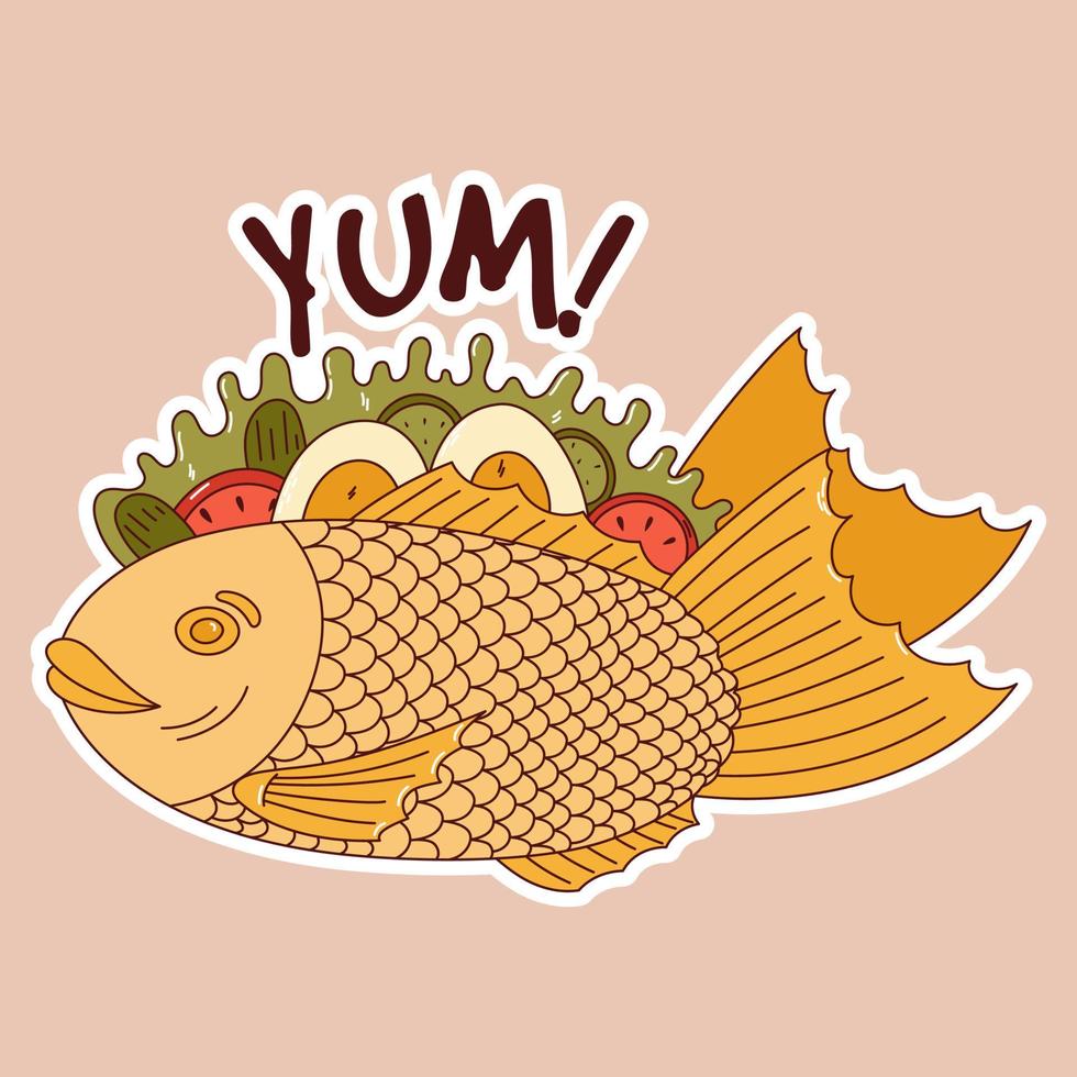 comida tradicional japonesa. pegatina de taiyaki asiático. sándwich en forma de pez. ilustración vectorial vector