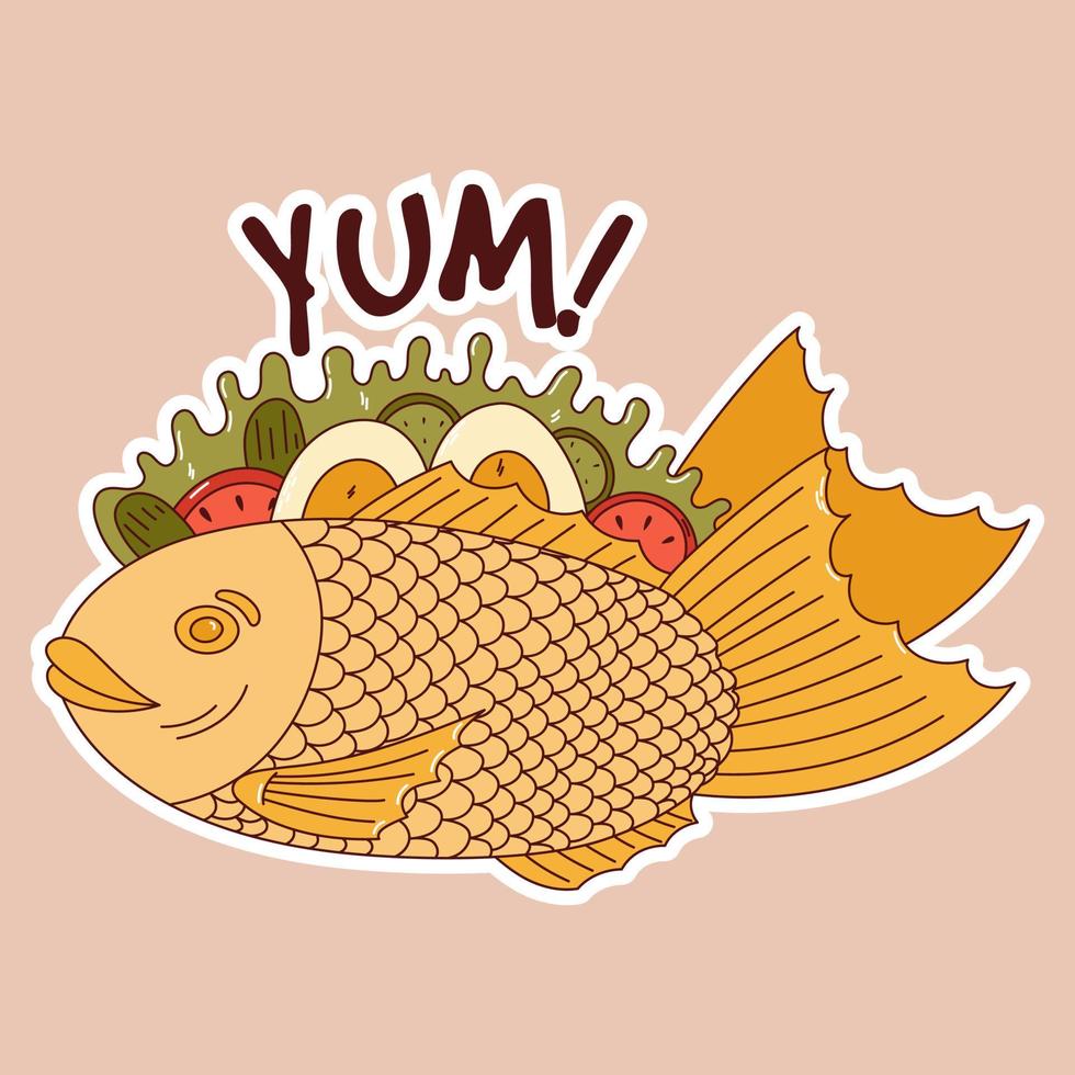 Traditional Japanese food. Asian Taiyaki sticker. Fish-shaped sandwich. Vector illistration