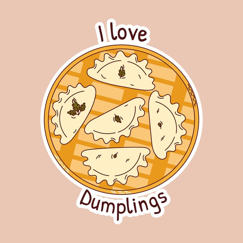 Traditional Japanese food. Asian dumplings in bamboo steamer basket stickers. Vector illistration