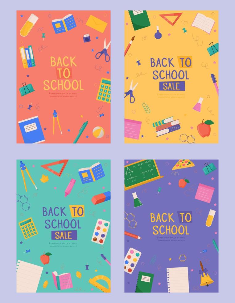 conjunto de tarjetas de regreso a la escuela con coloridos útiles escolares vector