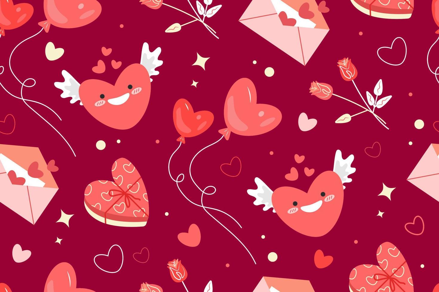 Seamless Pattern for Valentine's Day. Hearts and ballons, roses, messages of love. Vector illustration.