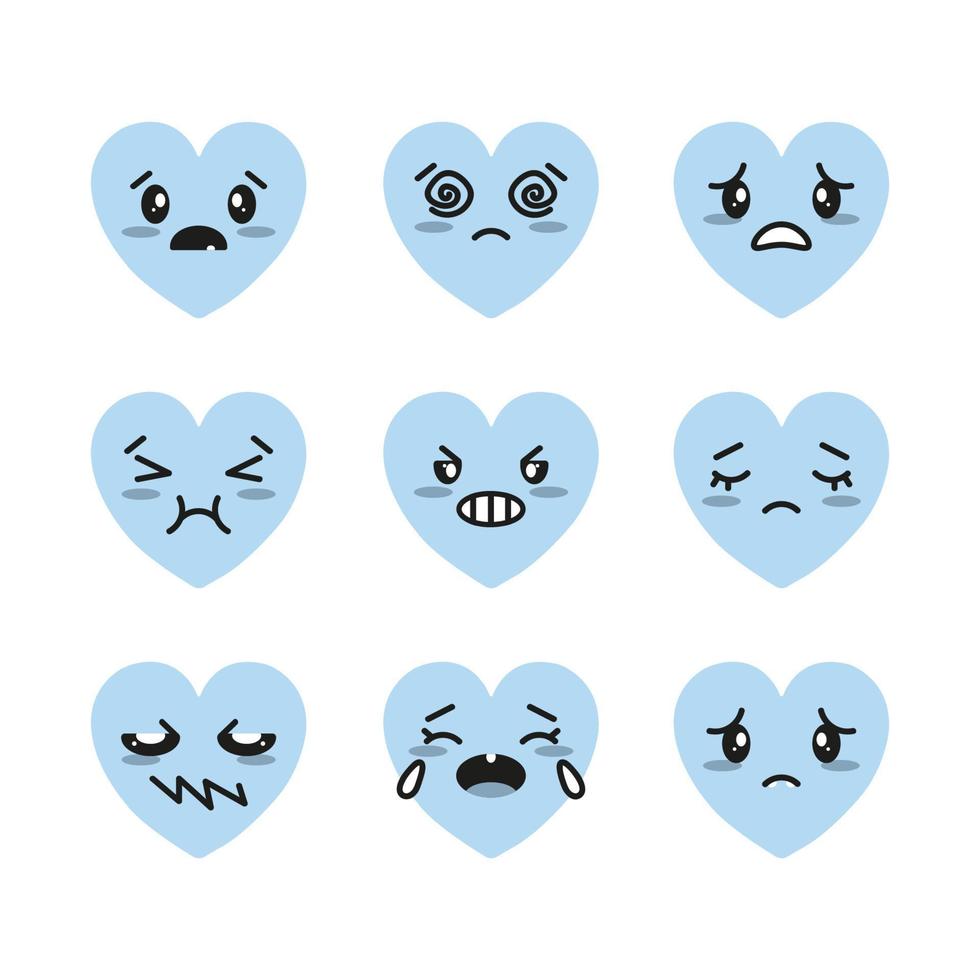 Set of blue Hearts with Kawaii Emotions. Isolated Hearts Icons on white background. Vector illustration.