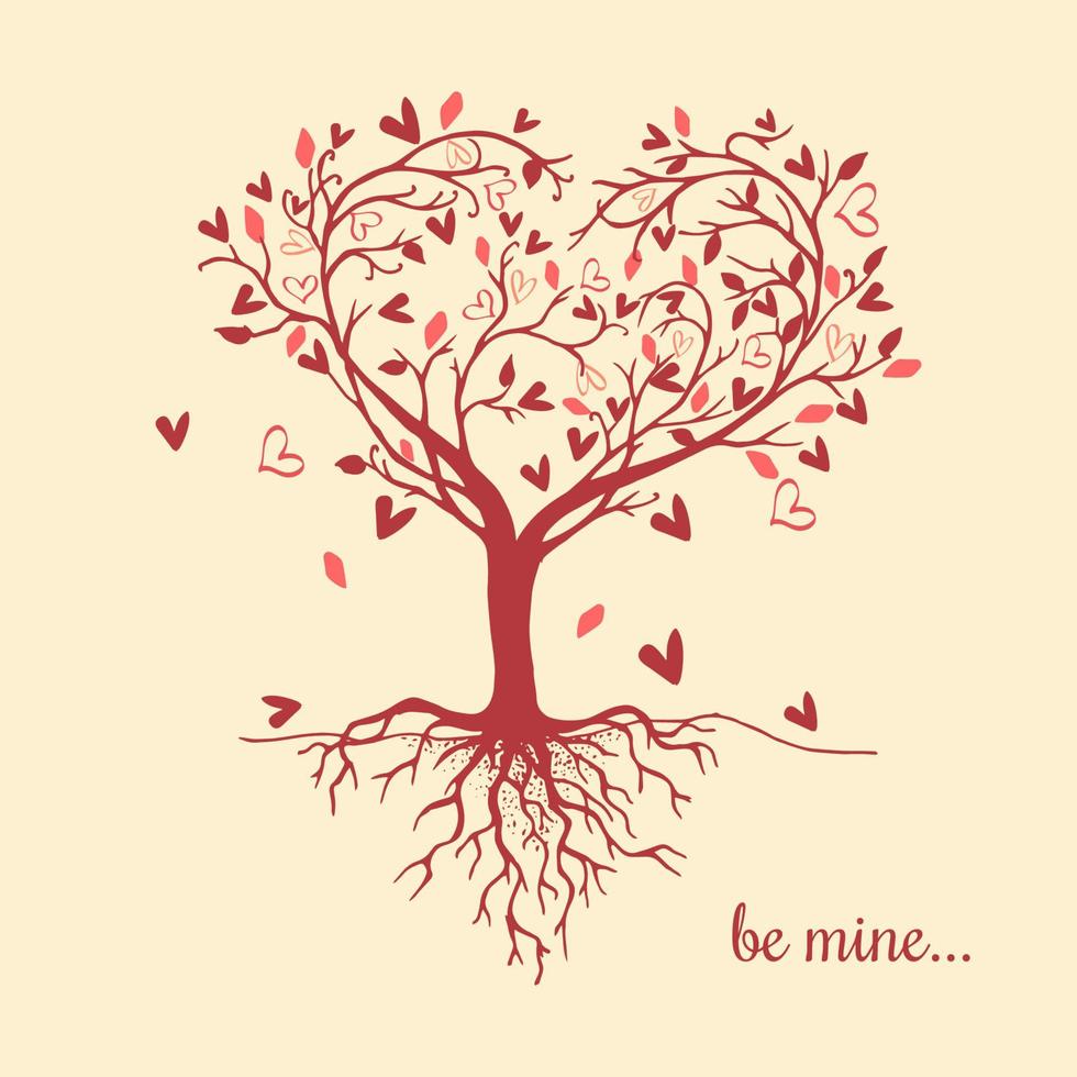 Beautiful Tree with Heart shaped root. Tree silhouette with Heart leaves. The art Tree is beautiful for your Valentine's Day design. Vector illustration.