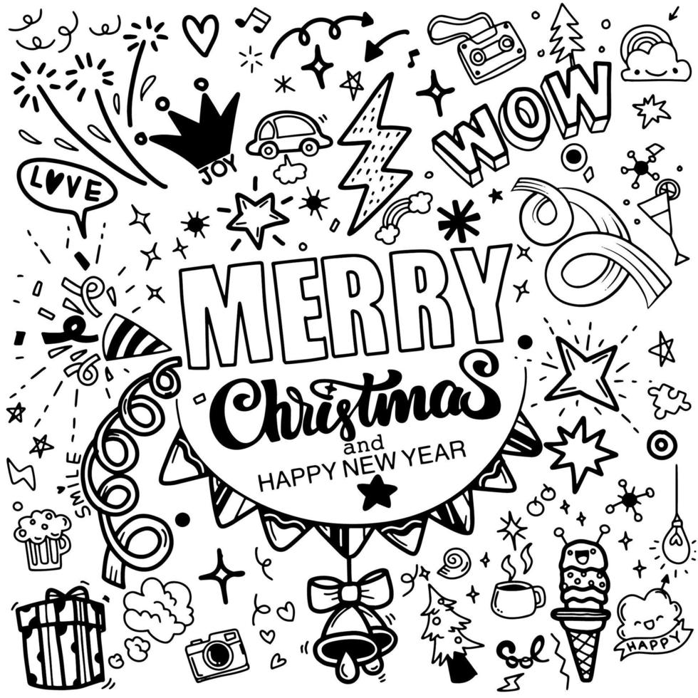 Cute hand drawn Christmas doodles,  set of Christmas design element in doodle style,Sketchy  hand drawn Doodle cartoon set of objects  on the Merry Christmas theme ,Each on a separate layer. vector