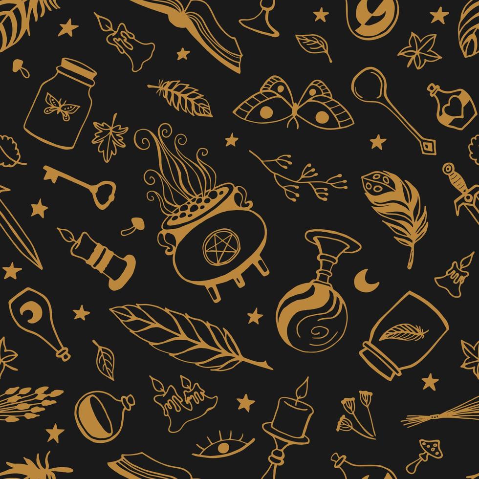 Seamless pattern with hand drawn magic tools, concept of witchcraft. Witchcraft, magic background for witches and wizards. vector