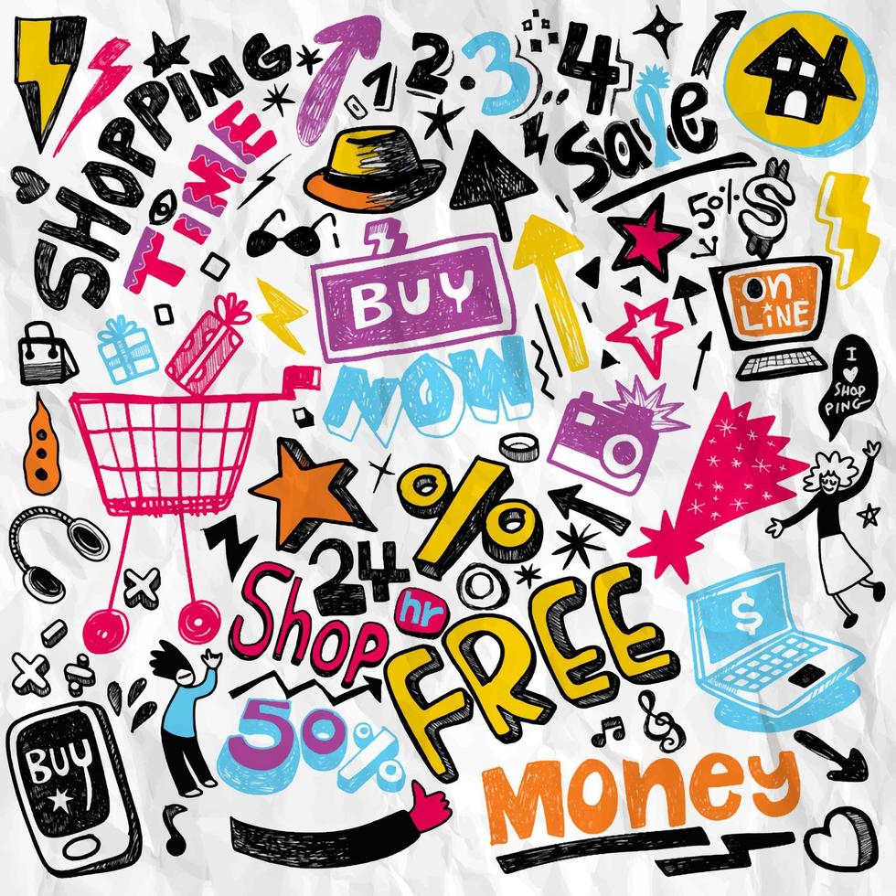 Hand drawn set of shopping doodles with lettering in vector
