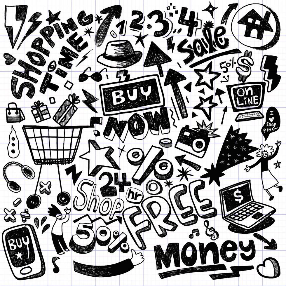 conjunto dibujado a mano de garabatos de compras con letras en vector