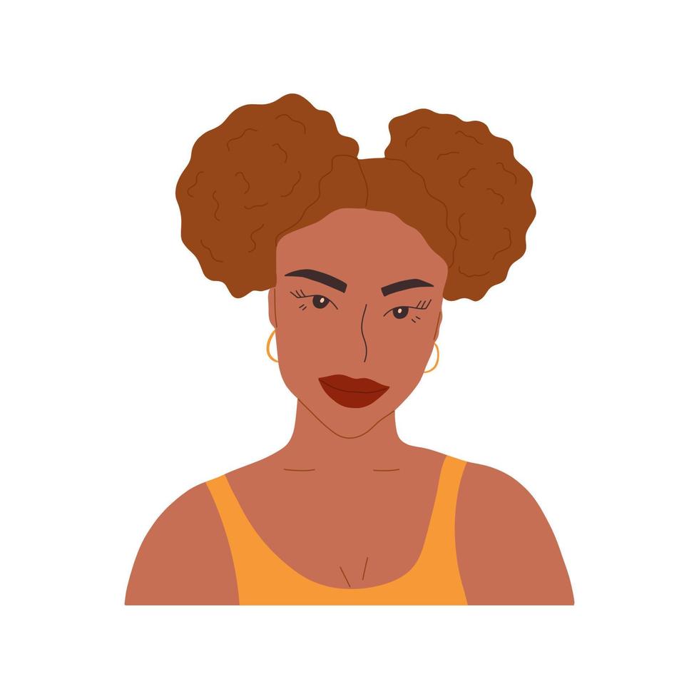 Beautiful African American girl with ponytails. Vector hand drawn