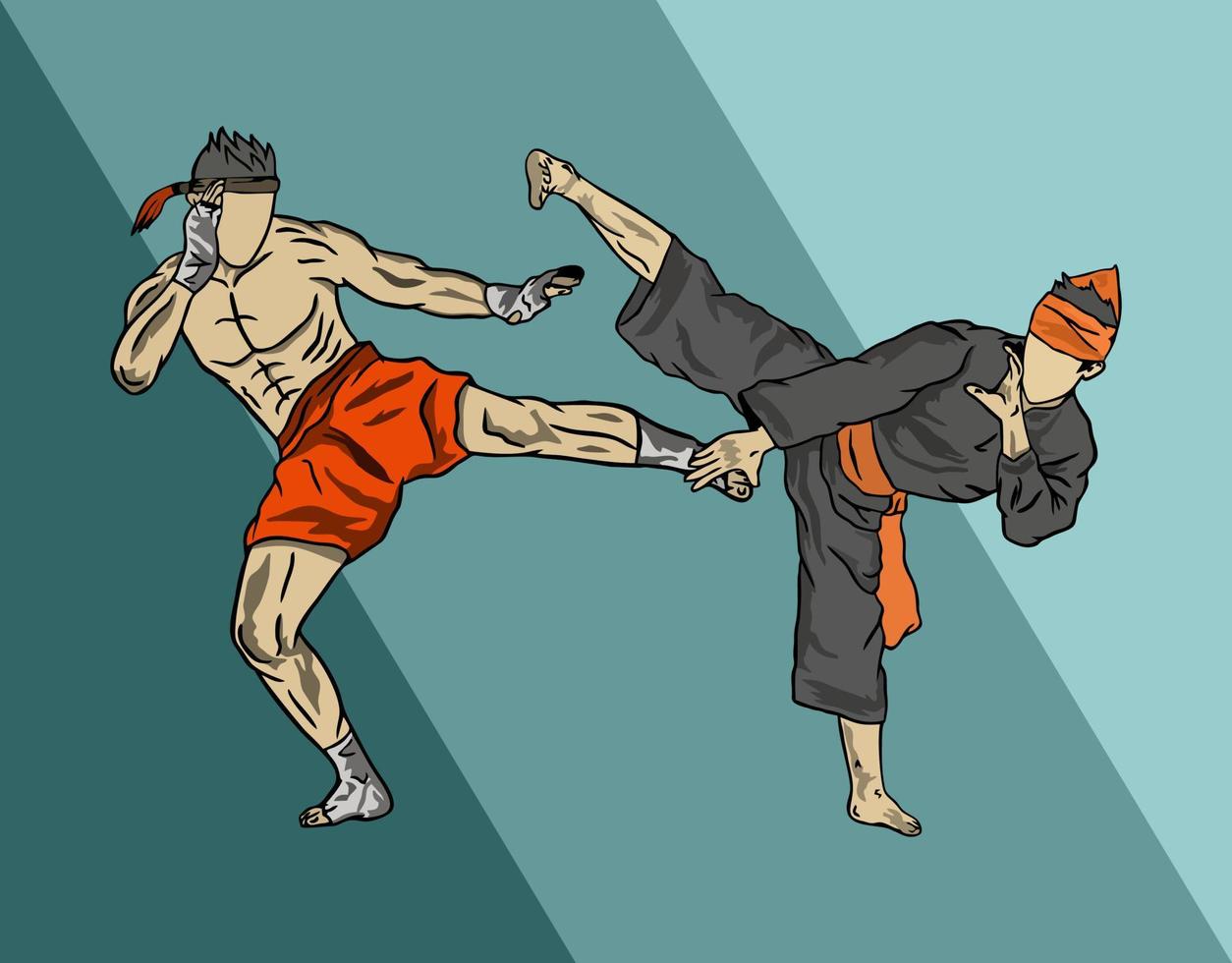 illustration of pencak silat vs karate fighter muaythai figther vector