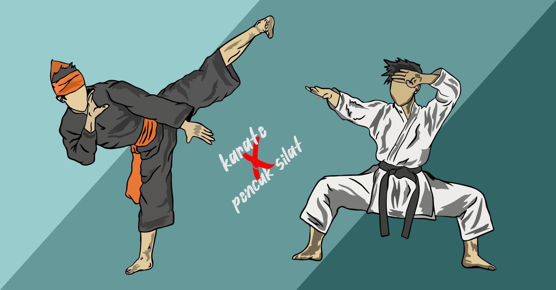 illustration of pencak silat vs karate fighter muaythai figther vector