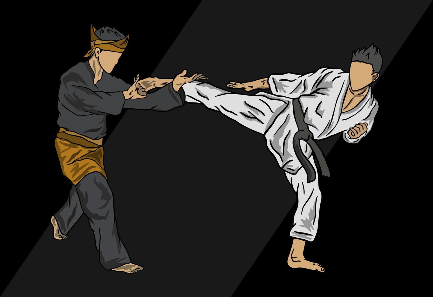 illustration of pencak silat vs karate fighter muaythai figther vector