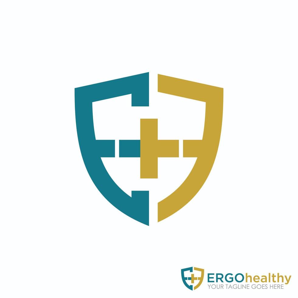 Letter EH or EF with plus or cross logo in shield or guard image graphic icon logo design abstract concept vector stock. Can be used as a symbol related to health or initial