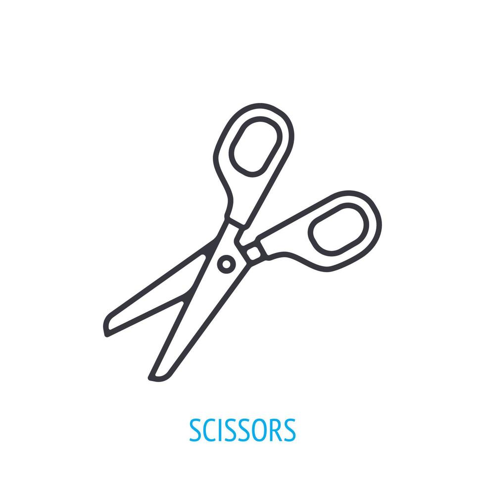 Opened stationery scissors. Outline icon. Vector illustration. Symbol of education, handmade crafts, tailor and barbershop. Thin line pictogram for user interface. Isolated white background