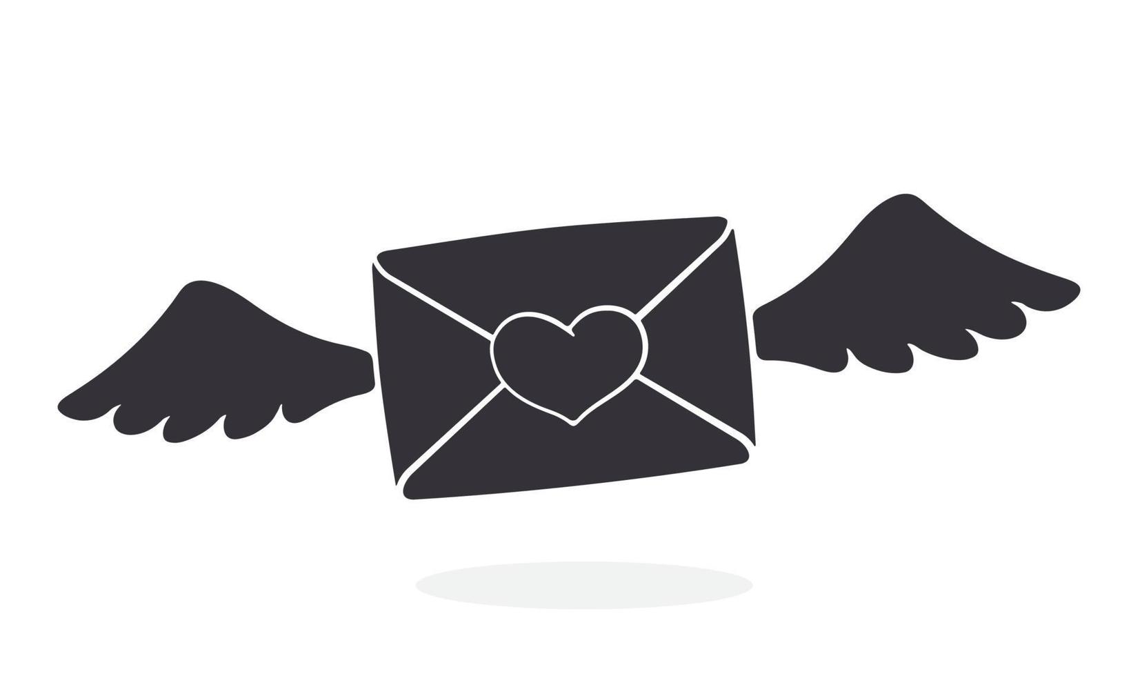 Silhouette of flying closed envelope with wax heart and wings vector