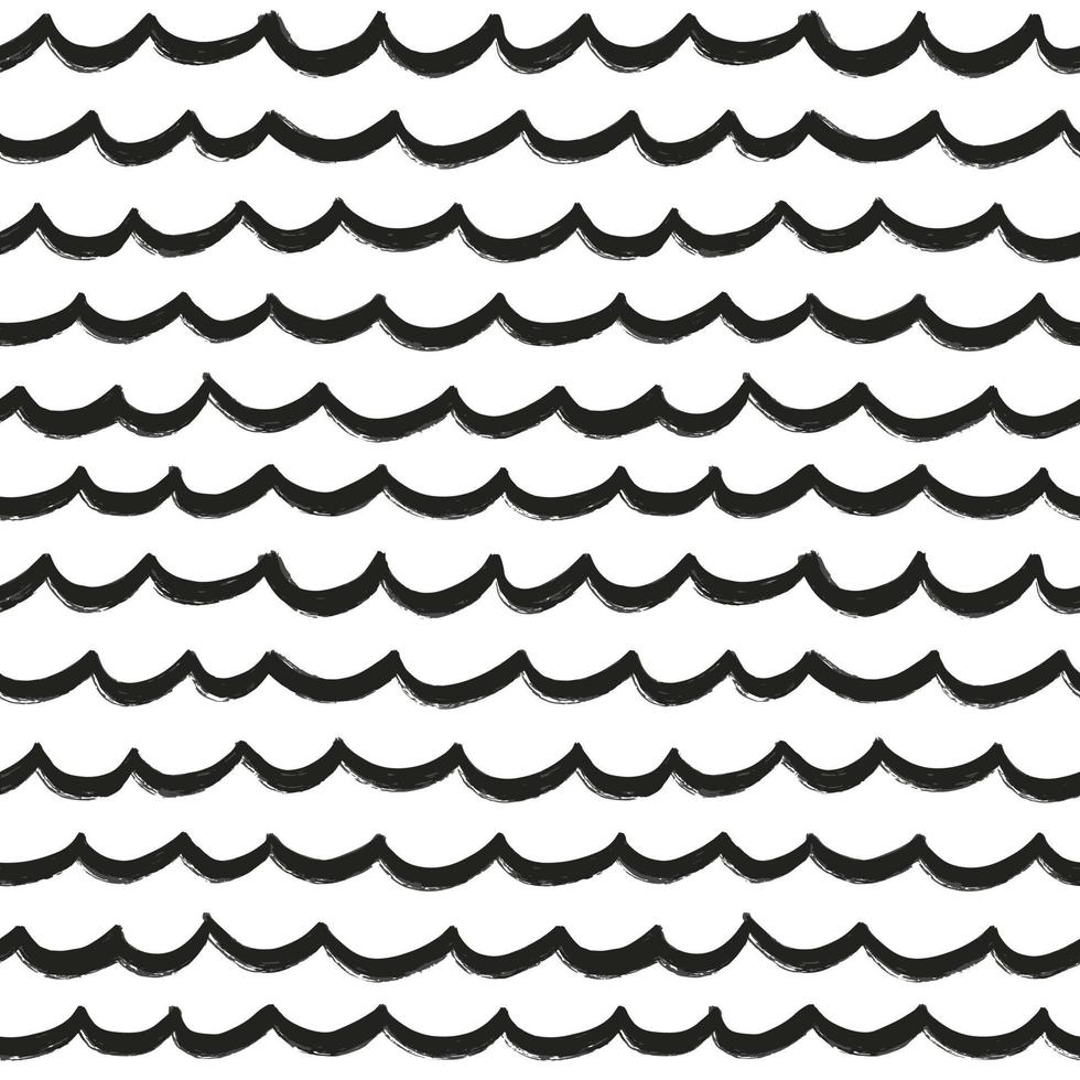 Hand drawn grunge ink textured brush stroke wave seamless pattern background. Modern trendy vector ornament with waved line. Abstract sea backdrop, wallpaper print. Simple black and white abstract