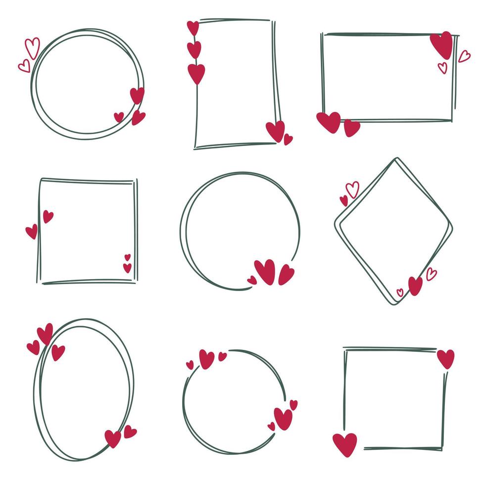 Hand drawn frames with hearts set Flat isolated illustration vector