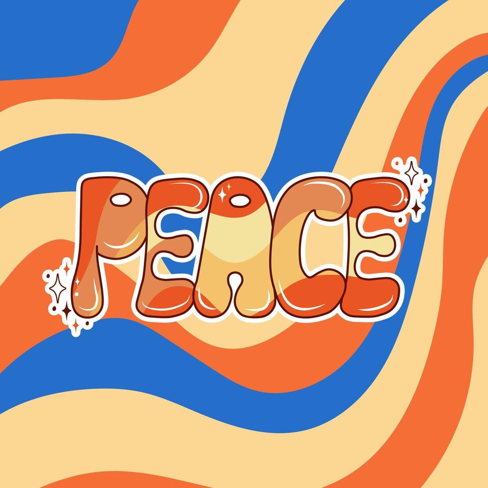 Handwritten retro groovy poster. Peace word on a rainbow background. Hippie and boho style. vector