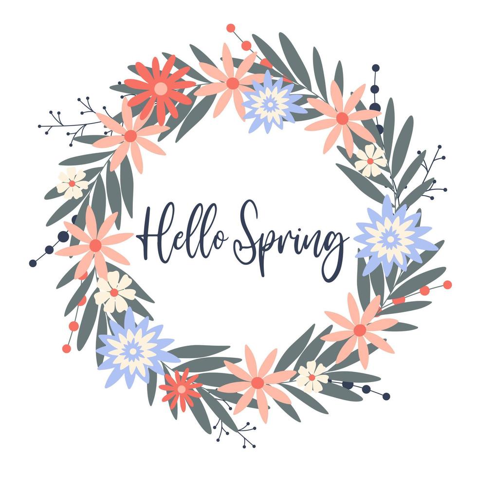 hola tarjeta de corona de primavera con flores de hierbas vector