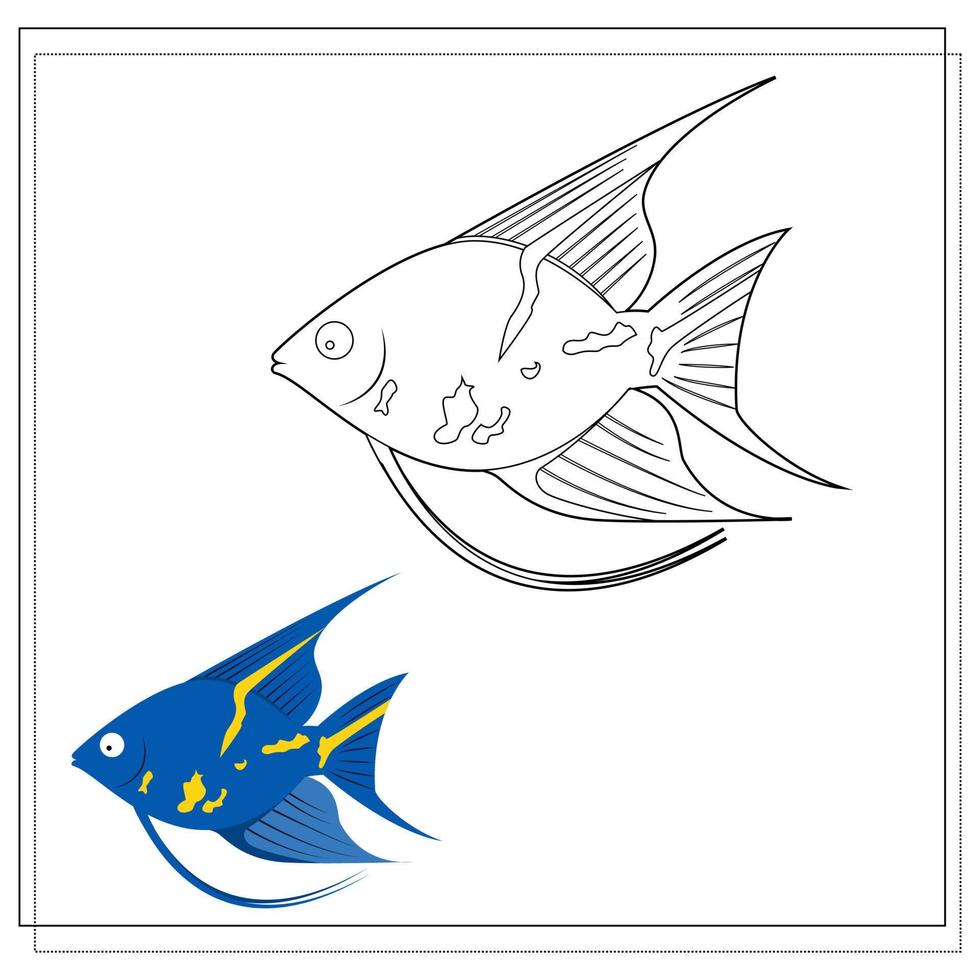 The page of the coloring book, blue fish with yellow stripes. Color version and sketch. Coloring book for kids. Vector illustration isolated on a white background