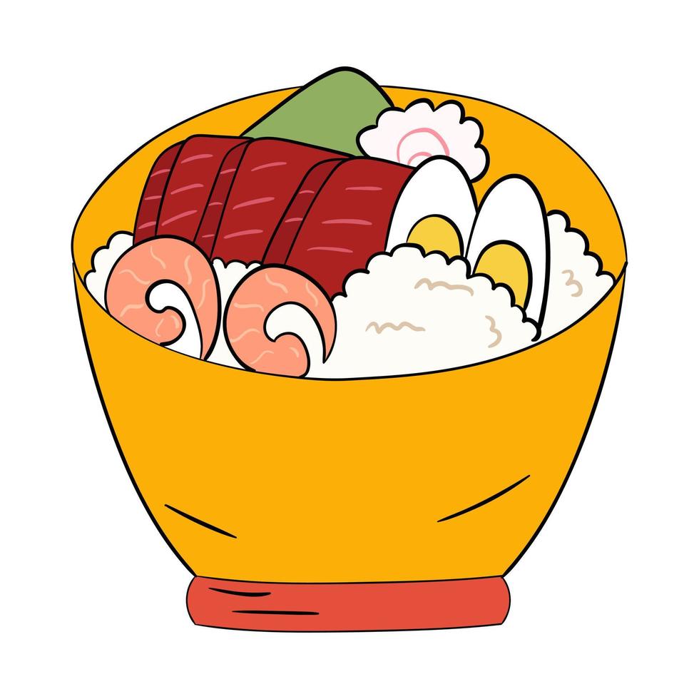 A bowl of tuna, shrimp, rice and egg. Vector illustration.