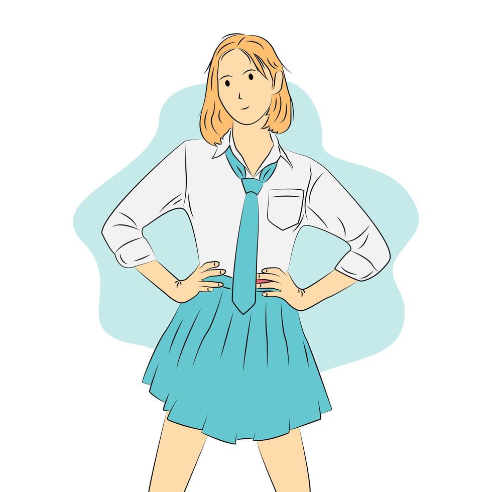 Cartoon illustration of young woman character wearing school uniform vector