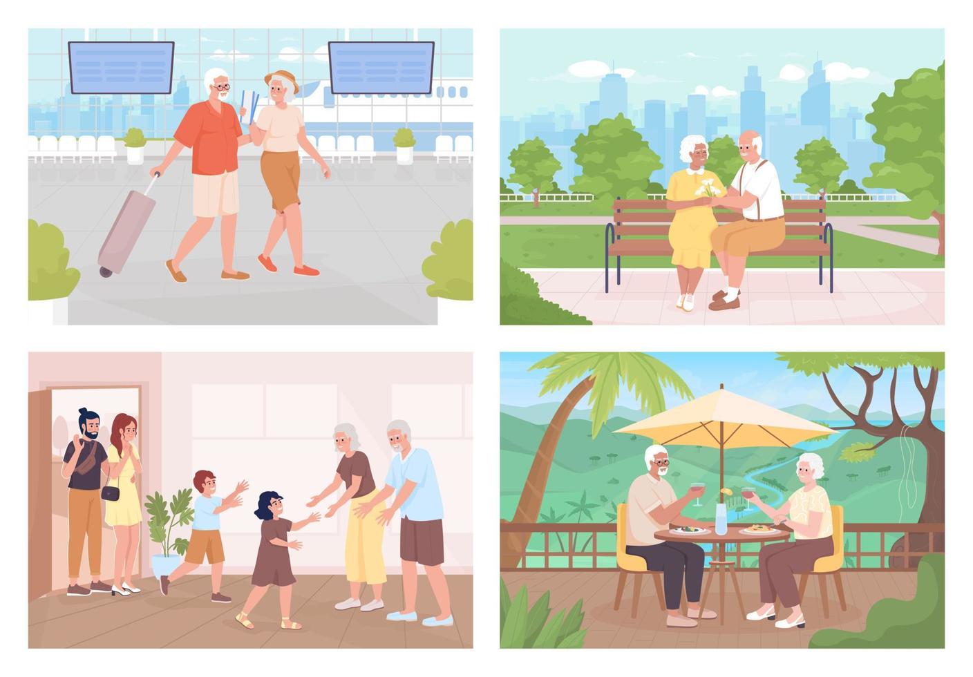 Happy aging flat color vector illustration set. Seeing grandchildren. Seniors traveling abroad. Fully editable 2D simple cartoon characters collection with landscape, interior on background