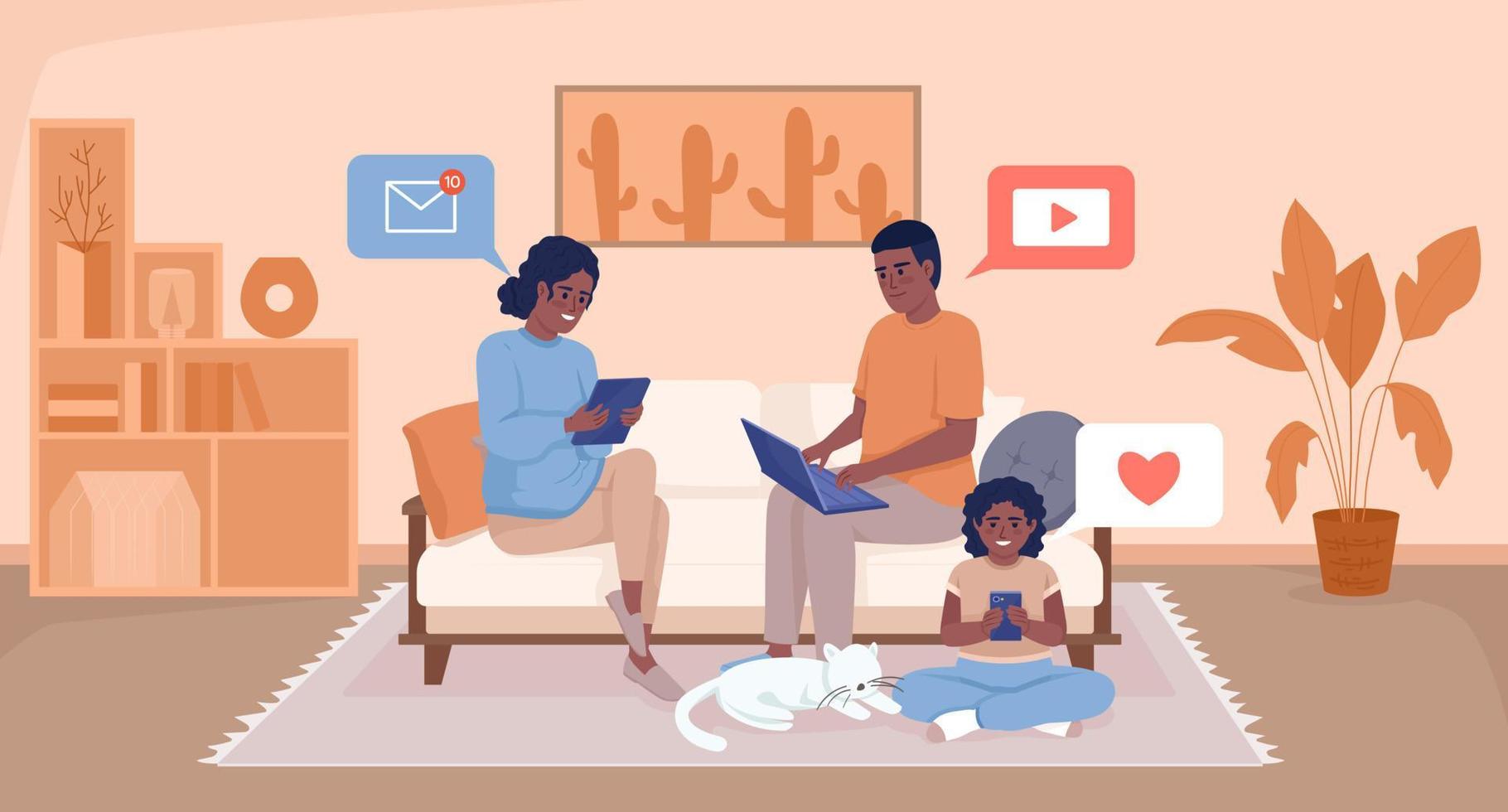 tecnología que afecta el tiempo familiar ilustración de vector de color plano. familiares sentados juntos en un sofá con aparatos. personajes de dibujos animados simples en 2d totalmente editables con interior de sala de estar en el fondo