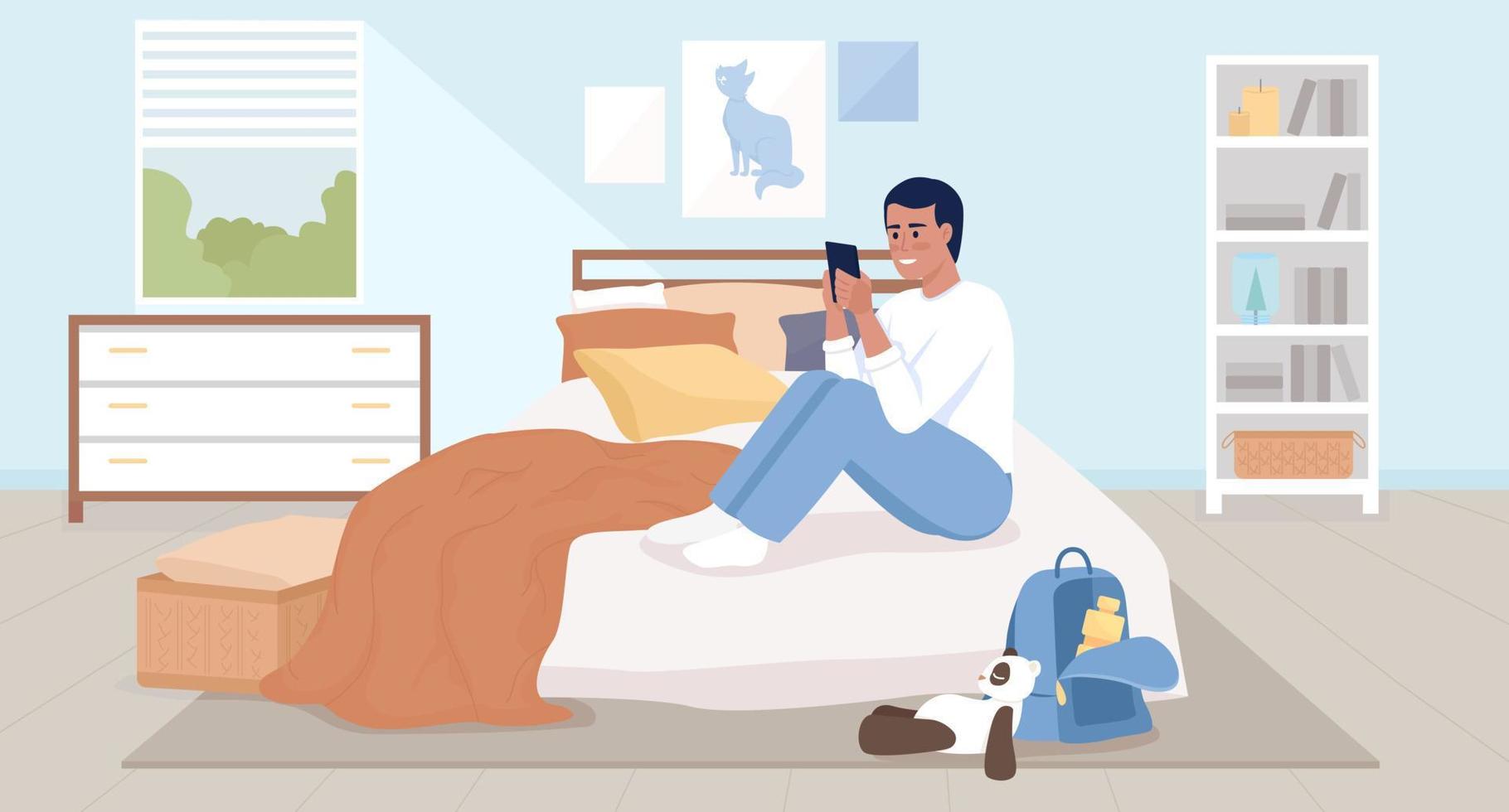 Spending too much time on phone flat color vector illustration. Adolescent boy texting with friends and sitting on bed. Fully editable 2D simple cartoon character with bedroom interior on background