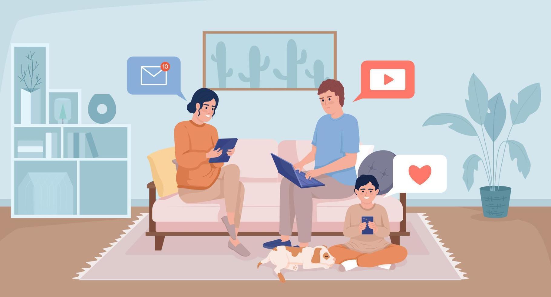 uso de tecnología que afecta la cercanía familiar ilustración de vector de color plano. padres e hijos varones con dispositivos. personajes de dibujos animados simples en 2d totalmente editables con interior de sala de estar en el fondo