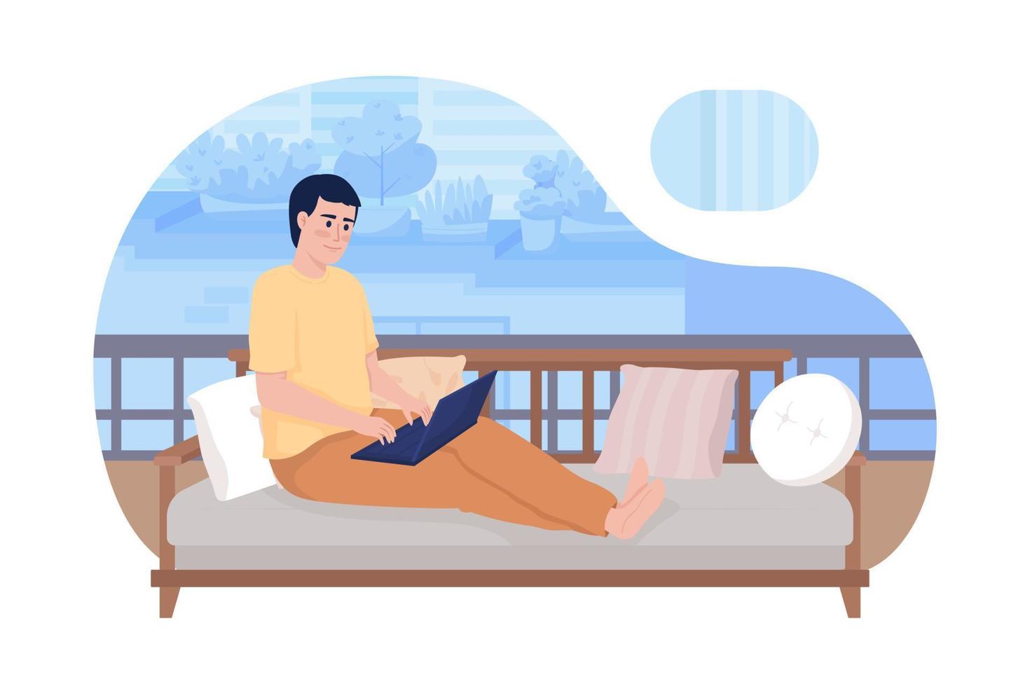 Freelancer working from home 2D vector isolated illustration. Alternative office. Man sitting on sofa flat character on cartoon background. Colorful editable scene for mobile, website, presentation