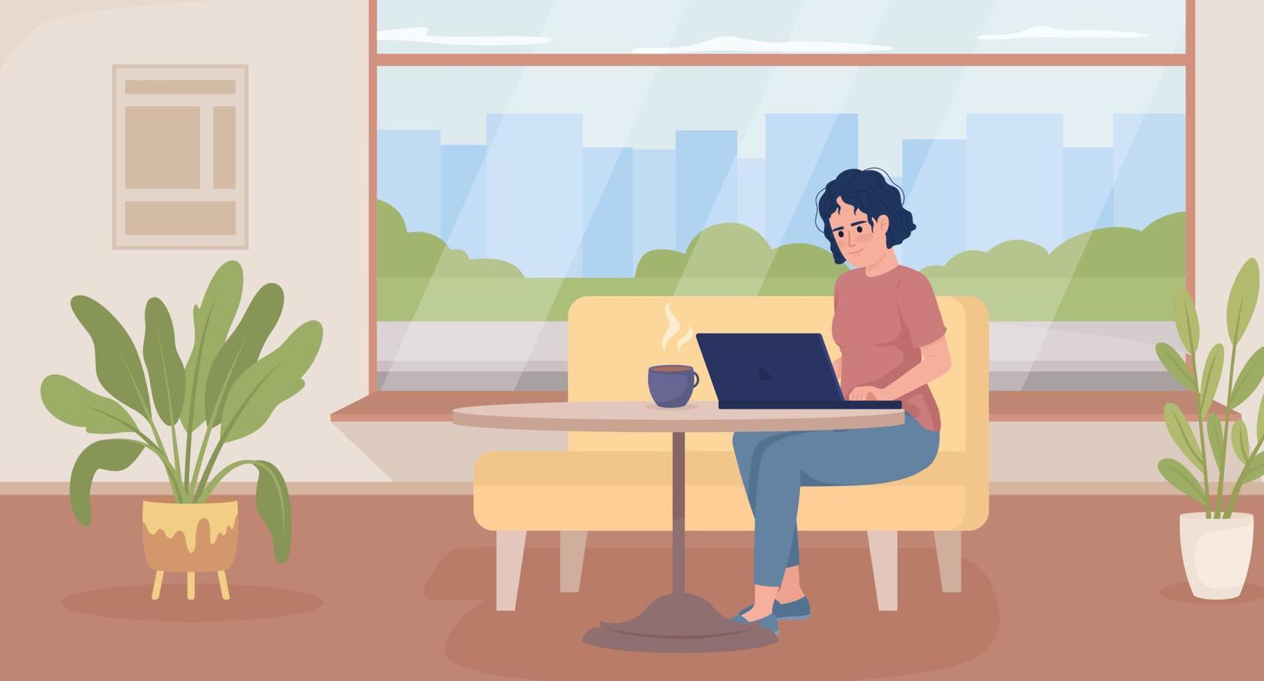 Enjoying doing work at coffee shop flat color vector illustration. Remote work spot. Disheveled woman typing on laptop. Fully editable 2D simple cartoon character with cafe interior on background