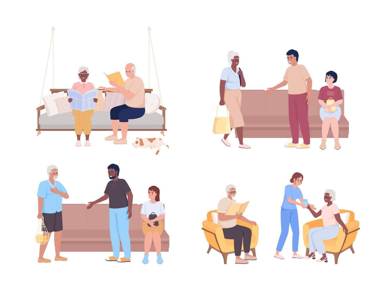 Caring for older adults semi flat color vector characters set. Aging seniors. Editable figures. Full body people on white. Simple cartoon style illustration pack for web graphic design and animation