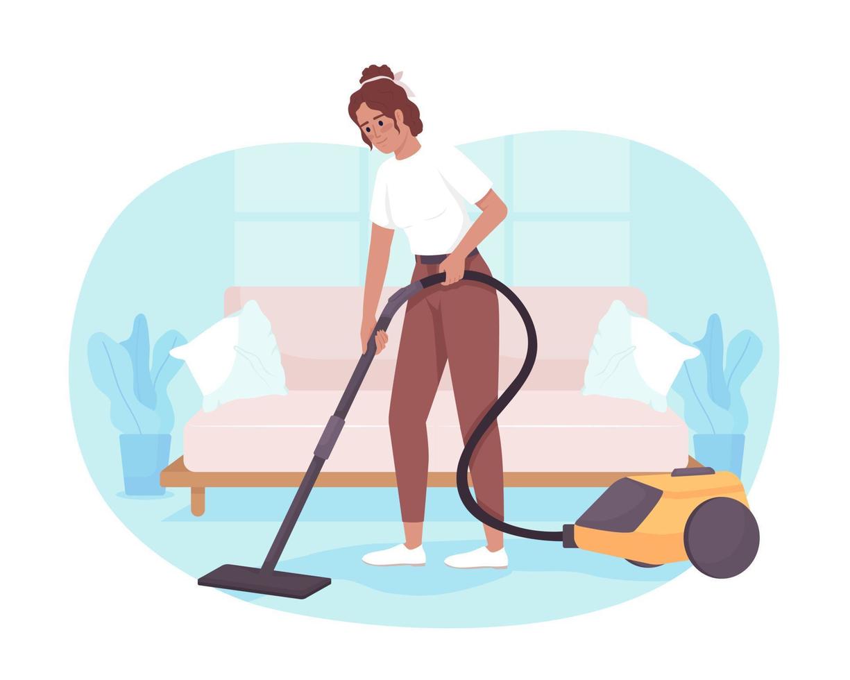 Living room cleaning routine 2D vector isolated illustration. Woman removing dirt with vacuum cleaner flat character on cartoon background. Colorful editable scene for mobile, website, presentation