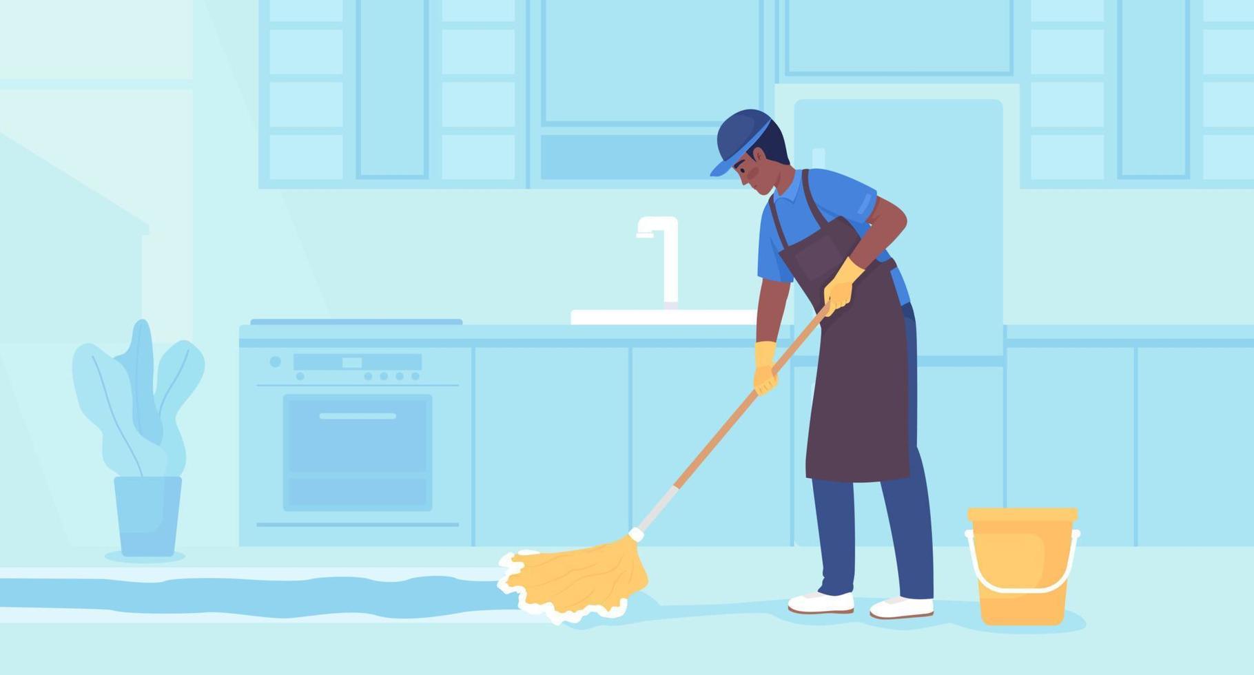 Maintaining commercial kitchen flooring flat color vector illustration. Janitor in apron cleaning surface with mop. Fully editable 2D simple cartoon character with light blue interior on background