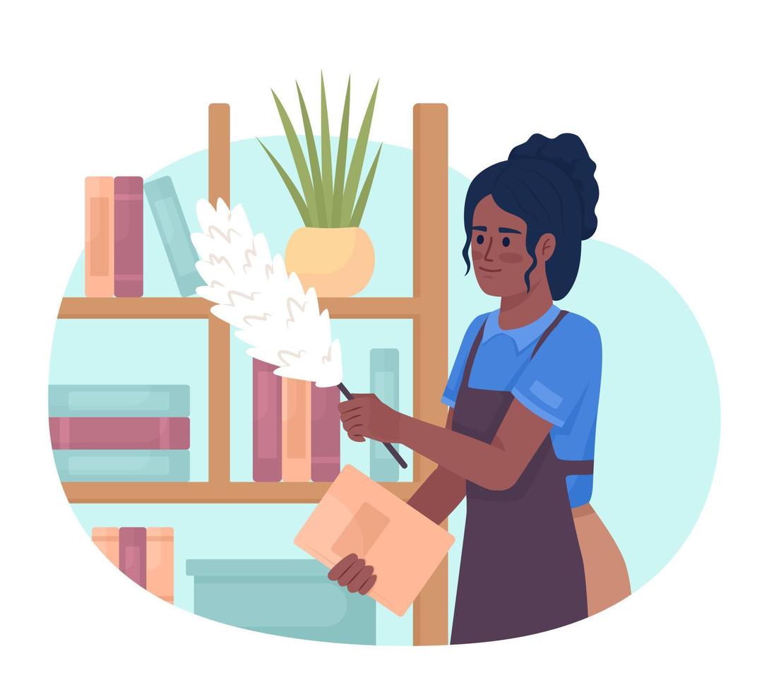 Housekeeper cleaning dust off wood shelves 2D vector isolated illustration. Female housemaid flat character on cartoon background. Colorful editable scene for mobile, website, presentation