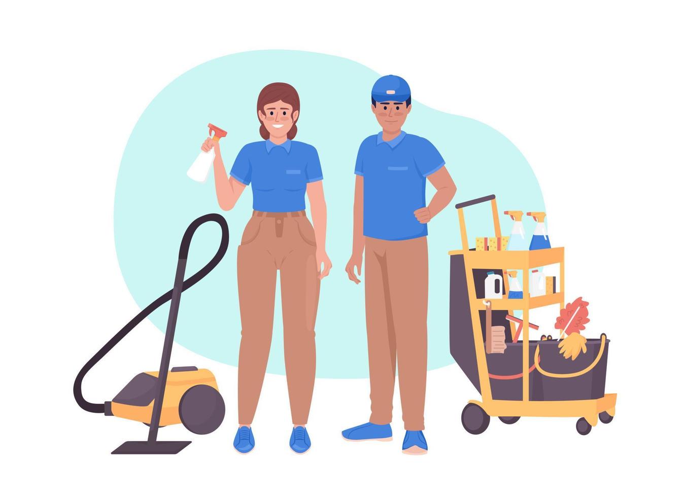 Professional janitors with cleaning equipment 2D vector isolated illustration. Housekeepers flat characters on cartoon background. Colorful editable scene for mobile, website, presentation