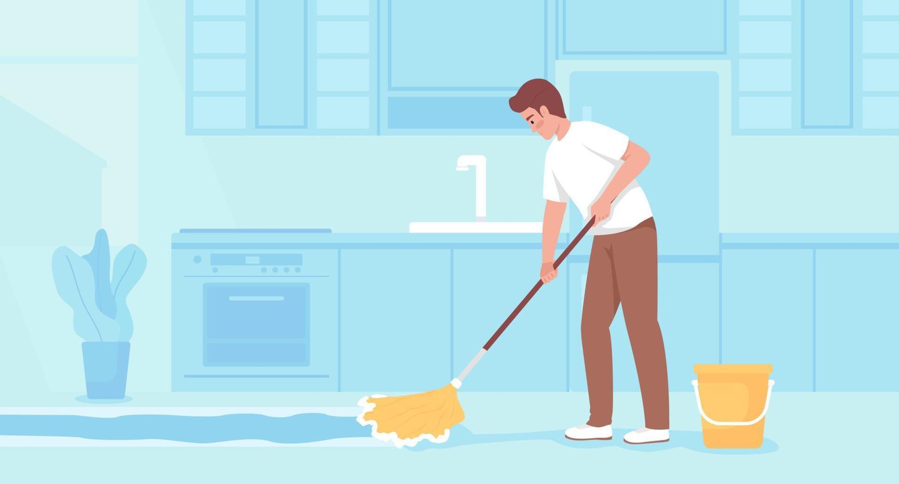 limpieza del piso de la cocina en casa ilustración de vector de color  plano. hombre trapeando
