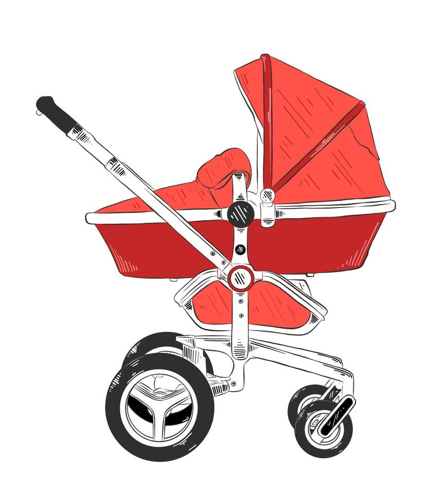 Vector engraved style illustration for posters, decoration and print. Hand drawn sketch of baby carriage in red isolated on white background. Detailed vintage etching style drawing.