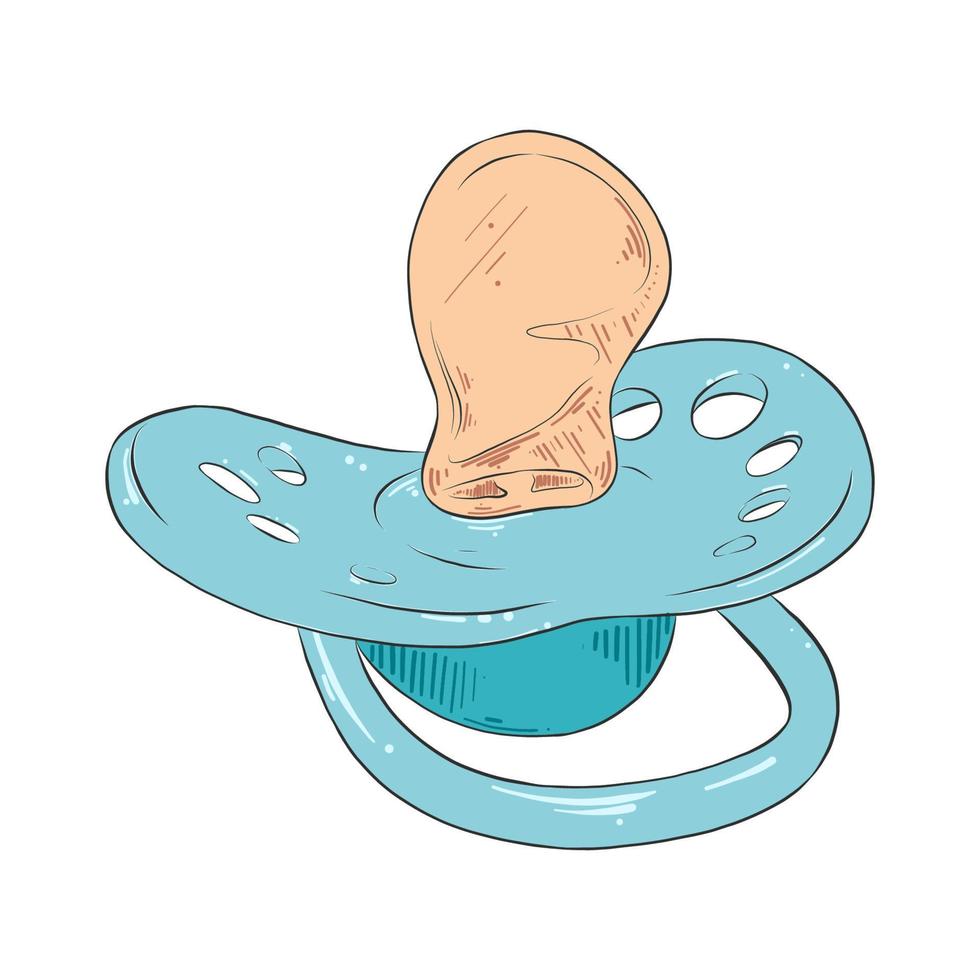 Vector engraved style children illustration for posters, decoration and print. Hand drawn sketch of nipple, blue pacifier isolated on white background. Detailed vintage etching style drawing.