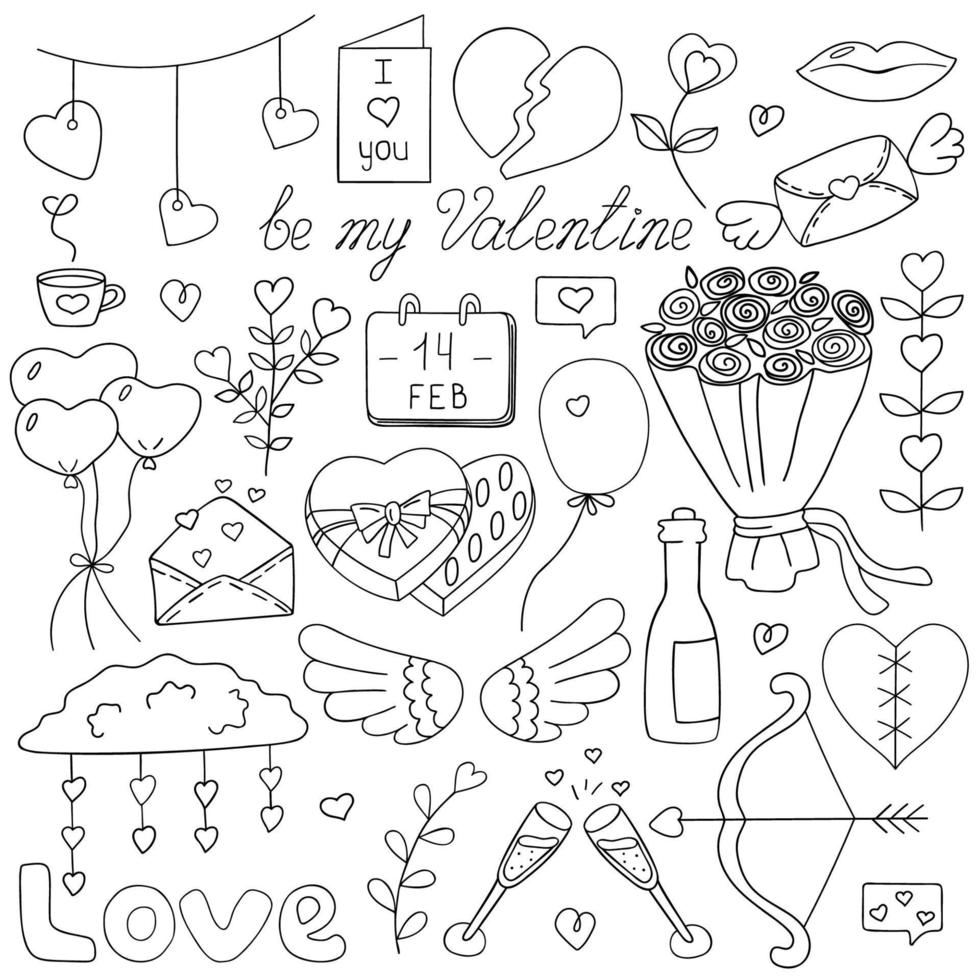 Outline doodle love theme set, romance, February 14, Valentine's Day. Design elements, white background. Inscription. Cute cartoon style. vector