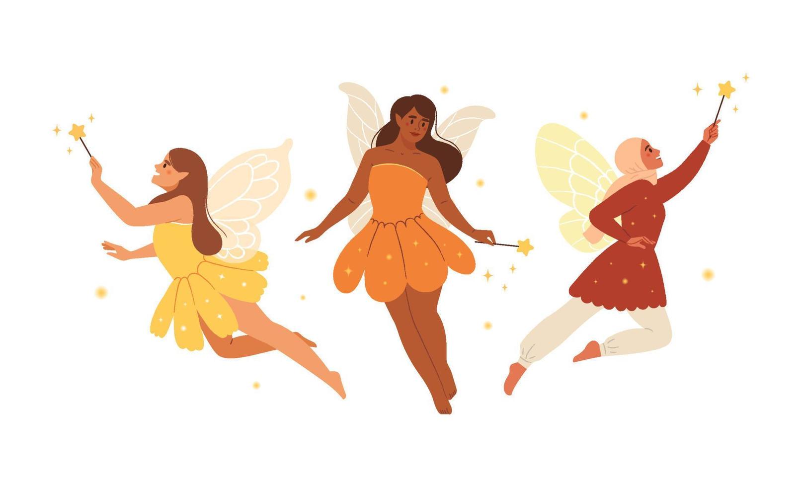 Different fairies with magic wands in their hands. Mythical fairy tale characters. Flat vector illustration.