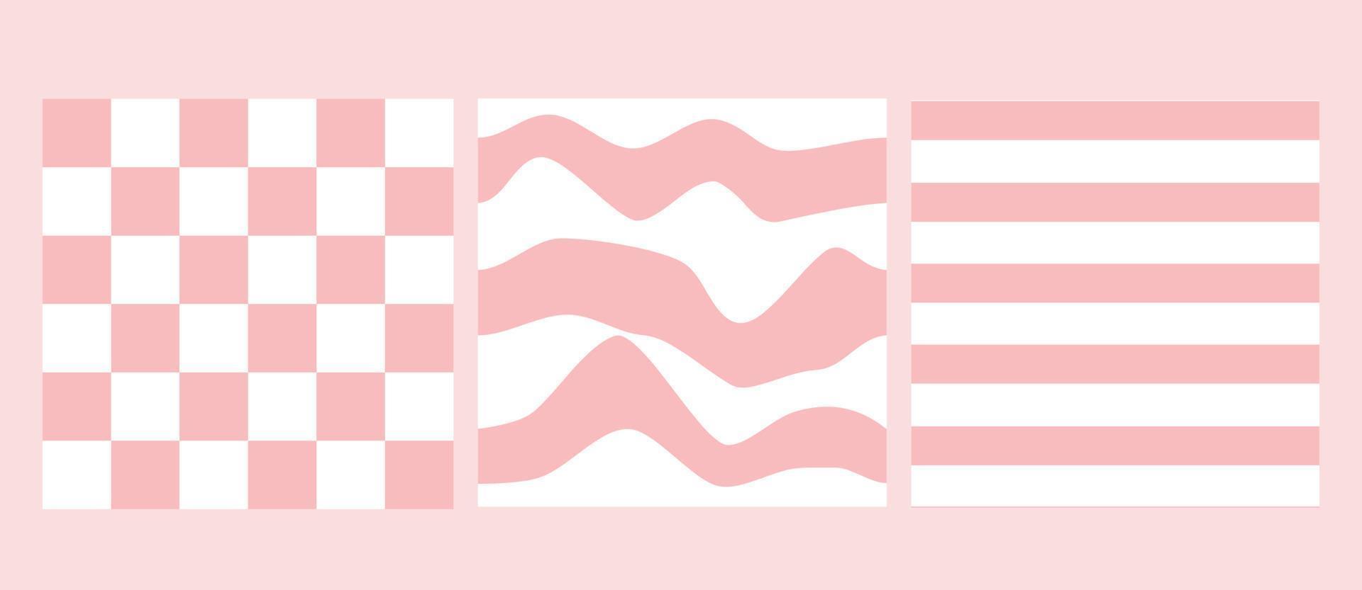 Pink seamless patterns set for y2k emo baby girl style. Pink waves, chess, lines. vector