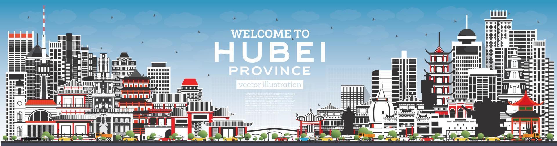 bienvenido a la provincia de hubei en china. horizonte de la ciudad con edificios grises y cielo azul. vector