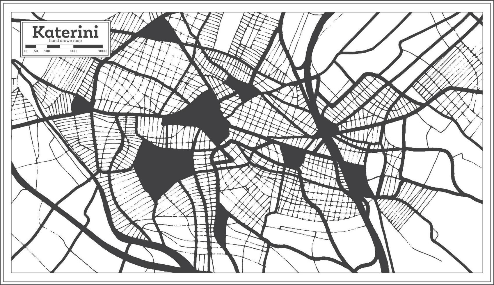 mapa de la ciudad de katerini grecia en color blanco y negro en estilo retro. esquema del mapa. vector