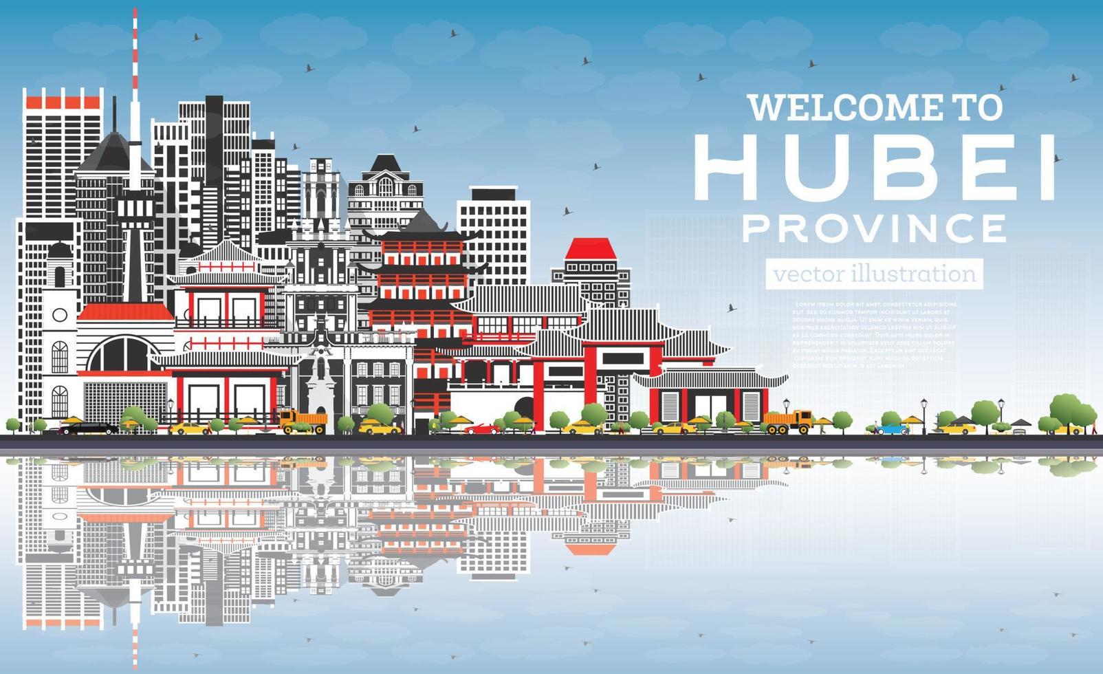 Welcome to Hubei Province in China. City Skyline with Gray Buildings and Blue Sky. vector