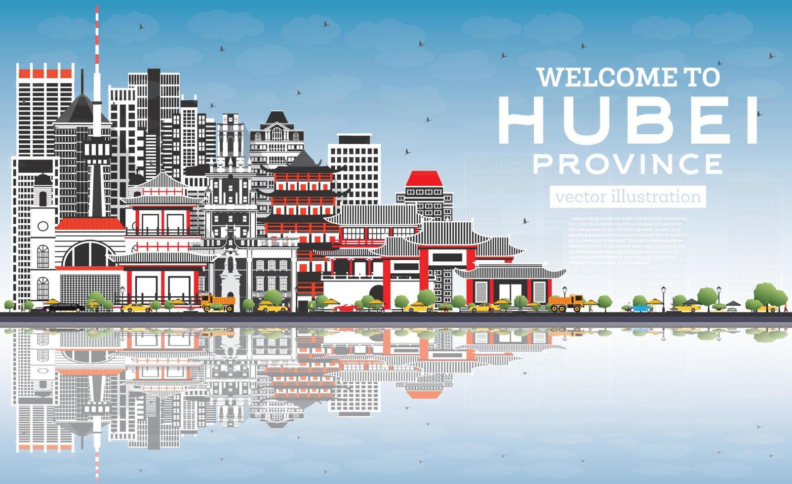 bienvenido a la provincia de hubei en china. horizonte de la ciudad con edificios grises y cielo azul. vector