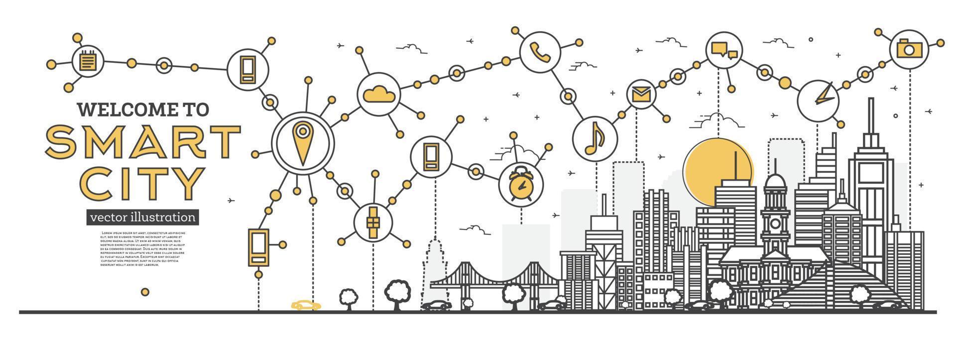 delinear el panorama del horizonte de la ciudad inteligente. iconos de redes e internet de las cosas. vector