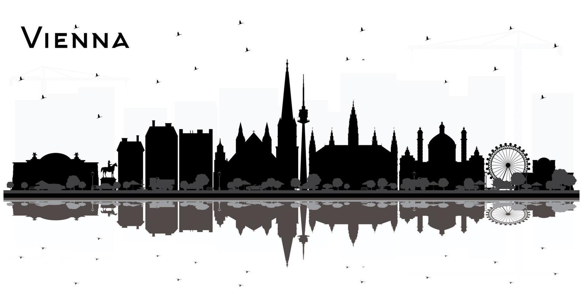 silueta del horizonte de la ciudad de viena austria con edificios negros y reflejos aislados en blanco. vector