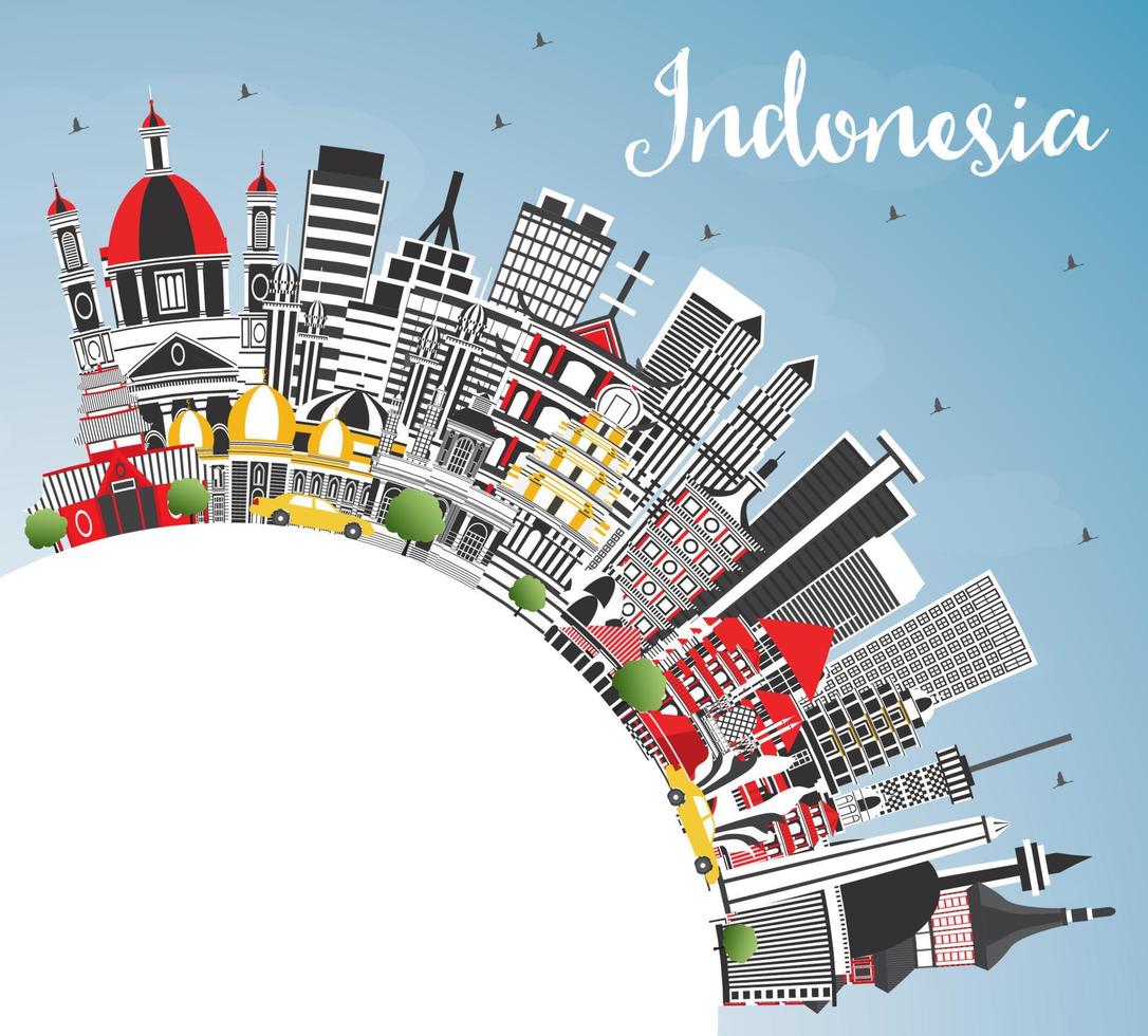 el horizonte de las ciudades de indonesia con edificios grises, cielo azul y espacio para copiar. vector